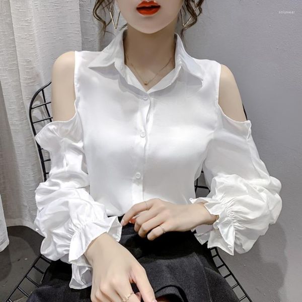 

women's blouses black white green cold shoulder shirts women ruffles puff sleeve korean style chiffon slim thin summer