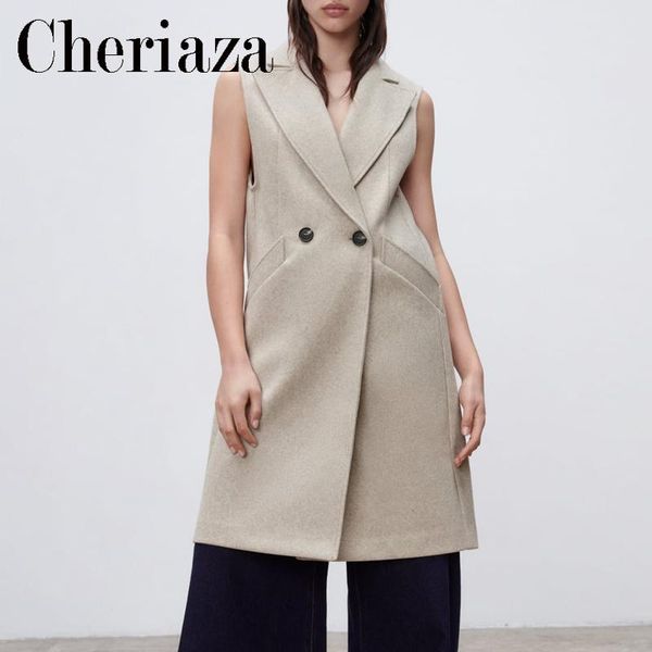 

vests 2022 spring autumn new leisure woman lapel mid length vest double breasted sleeveless solid color waistcoat female pocket top, Black;white