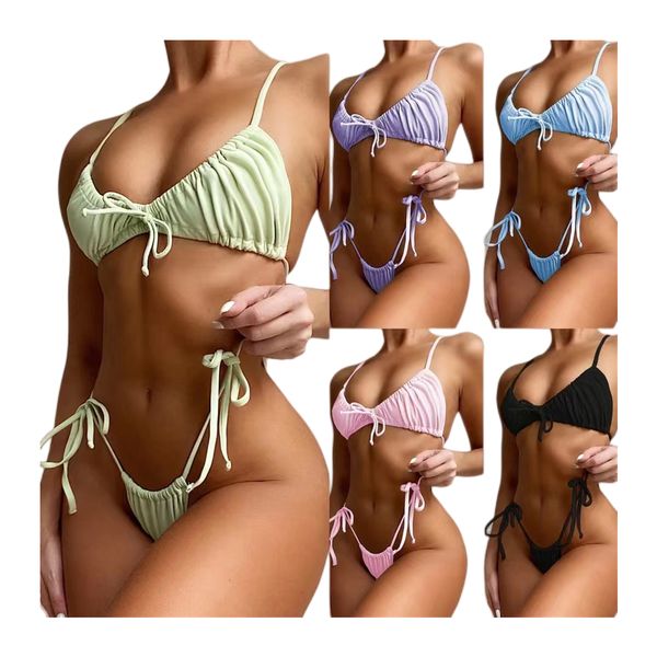 

hbp solid drawstring thong bikini set 2023 summer swimwear women 2 pieces bandage brazilian swimsuit female halter biquini, White;black