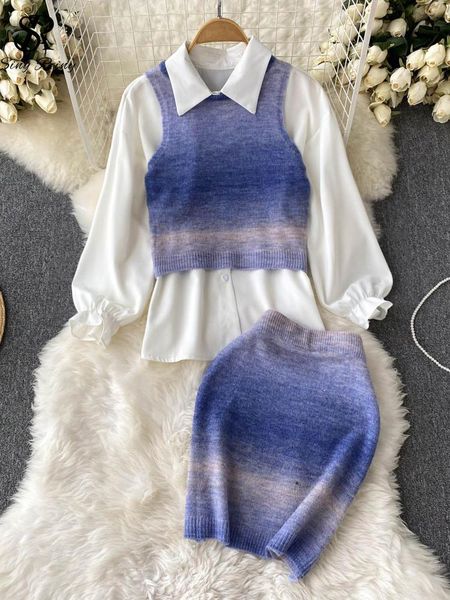 

dress singreiny autumn knitted three pieces suits 2022 women long sleeve shirt +knitted tank short fasshion knitted skirt sets, White