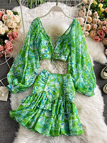 

two piece dress chiffon two piece set women spring autumn elegant v-neck long sleeve short ruffle mini skirt female printed suit 230421, White