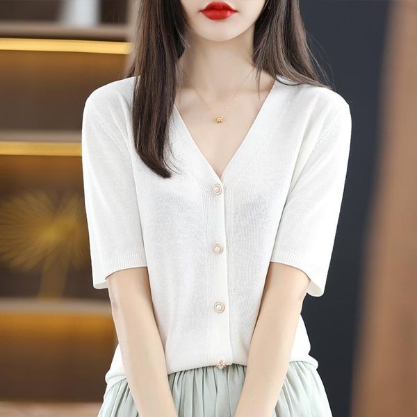 

sweaters linnen gevoel ijs zijde gebreide vest vrouwen korte mouwen tshirt zomer koele ademende dunne eenvoudige trui losse basic top, White;black