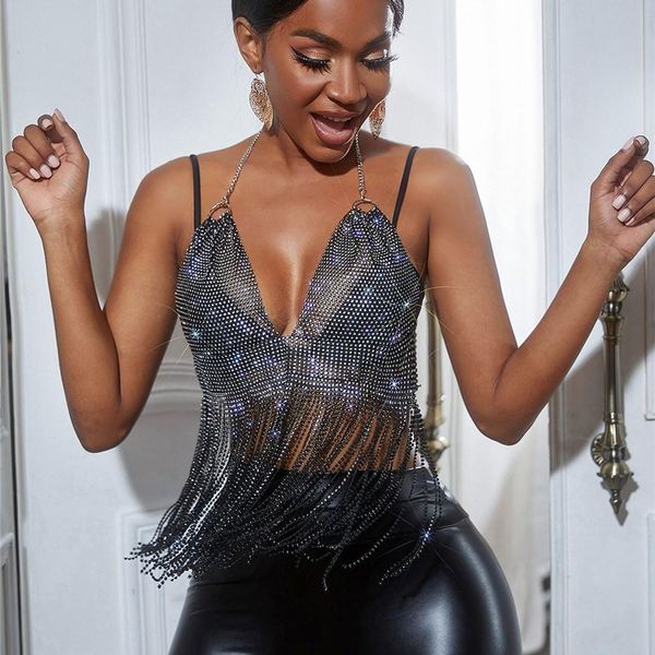 

t-shirt backless solid camisole sleeveless deep v neck vest glitter rhinestone tassel hollow out mesh nightclub party female, White