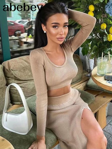 

two piece dress knitted winter women sweater skirt suit y2k fashion long sleeve crop and long split skirt dress two piece sets 230421, White
