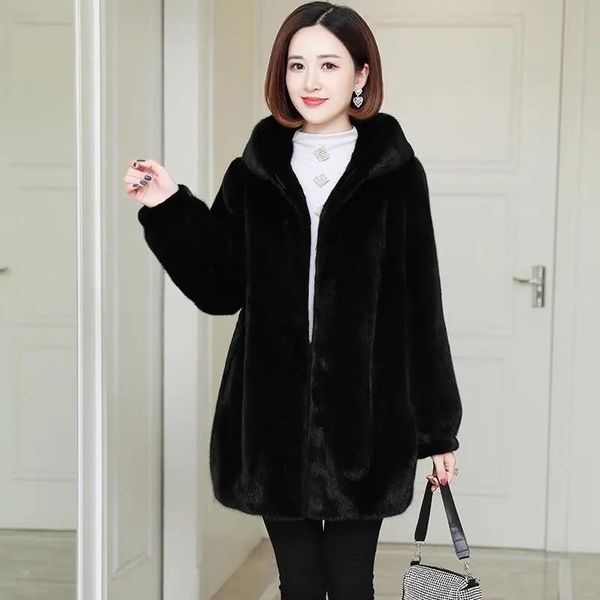 

fur winter women mink coat korean fashion loose hooded zipper faux fur jacket thick warm plush mom velvet fur overcoat plus size, Black