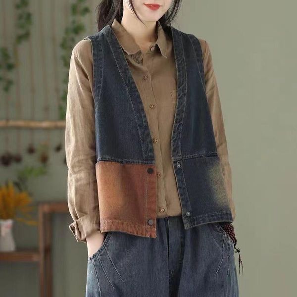 

vests yasuguoji vintage style women denim vest 2022 new summer plus size sleeveless outerwear color blocked female jean waistcoat, Black;white