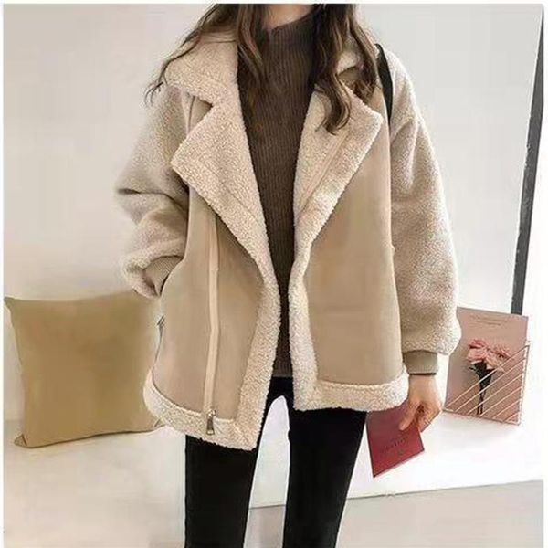 

leather 2022 women autumn winter lamb wool sheepskin coat fur onepiece thickened jacket women warm coat oversized s4xl coats abrigos, Black