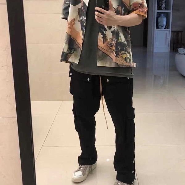 

designer clothing casual pant high version rhude beauty multi pocket cargo pants straight leg pants buckle drawstring casual pants men for s, Black