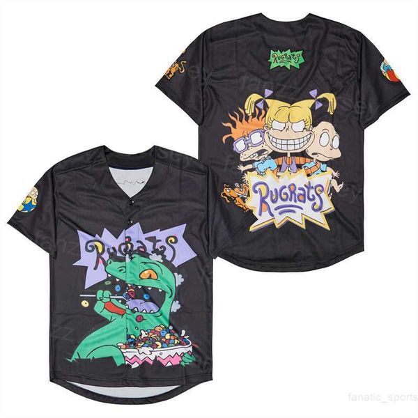 

baseball moive rug rats dinosaur jerseys rugrats cooperstown vintage college red team color cool base pure cotton university retire embroide, Black