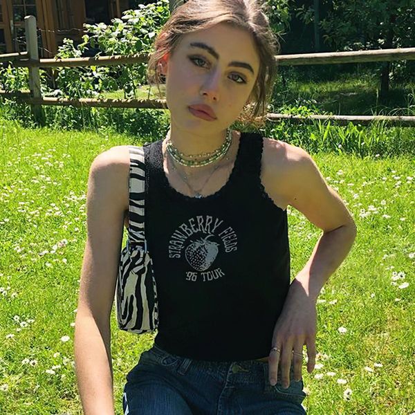 

tanks sweet girls lace slim tank women summer cute strawberry print ribbed cotton tee shirt vintage streetwear y2k crop 2022, Black;white