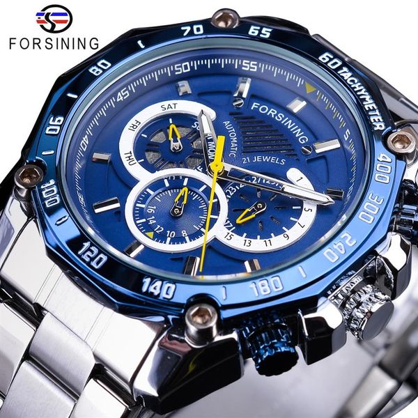 

forsining 2019 new blue design complete calendar 3 small dial silver stainless steel automatic mechanical watches for men clock2757, Slivery;brown