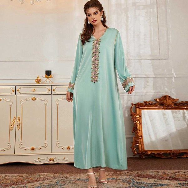 

mint green satin embroidered rhinestone long dress stand collar export, Black;gray