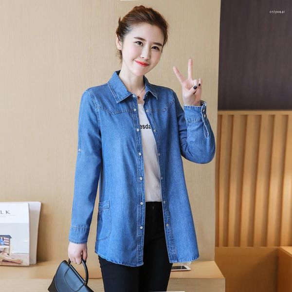 

Women's Blouses #3110 Spring Autumn Casual Blue Denim Shirt Women Slim Thin Fashion Pockets Elegant Long Sleeve Shirts Lapel Collar, Sky blue