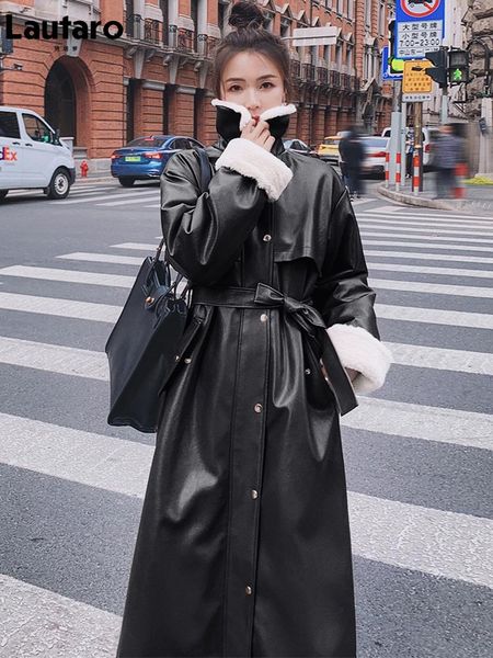 

jackets lautaro winter long warm thick leather trench coat for women with faux fur inside belt loose korean fashion 2021 fur lined parka, Black;brown
