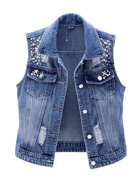

vests jmprs denim women vest luxury pearls fashion ripped autumn jeans jacket sleeveless loose short coat causal waistcoats 5xl, Black;white