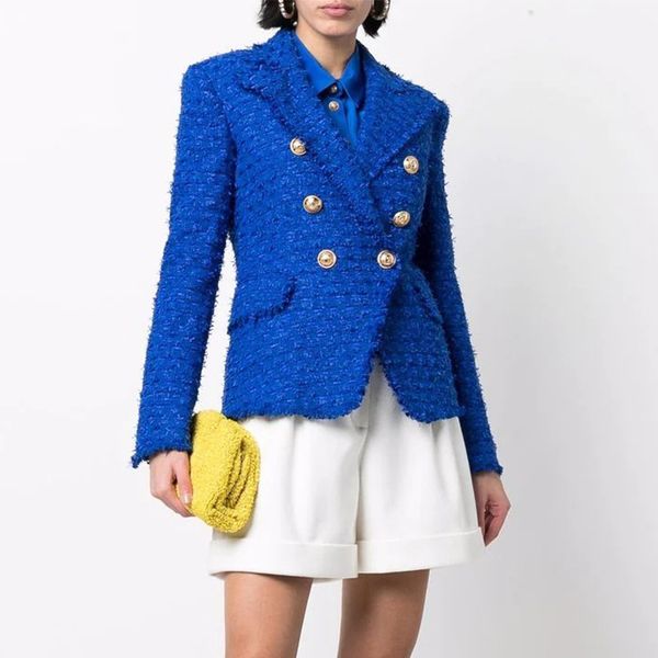

women's fringe classic slim royal blue fitting double breasted lion buttons fringed tweed blazermix knit jacket ba011, White;black