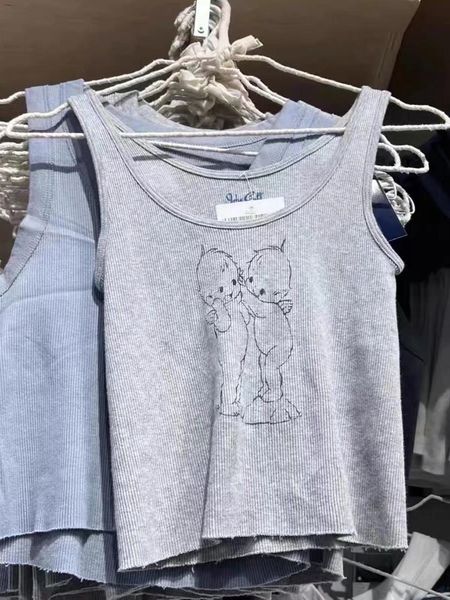 

tanks angel print ribbed tank women 2022 summer gray soft cotton sleeveless vest blouses vintage streetwear slim y2k crop top, Black;white