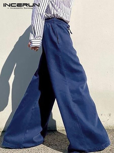 

pants incerun men wide leg pants joggers streetwear 2022 drawstring casual long trousers men solid color loose fashion pantalon s5xl, Black