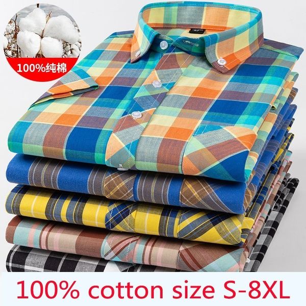 

men's casual shirts arrival fashion super large summer 100% cotton plaid young men short sleeve plus size s-5xl 6xl 7xl 8xl 230421, White;black