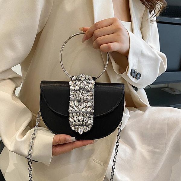 

Factory sales shoulder bags 8 colors sweet western style solid color satin dinner bag flip candy color fashion handbag this year popular rhinestone handbags 7717#, Black