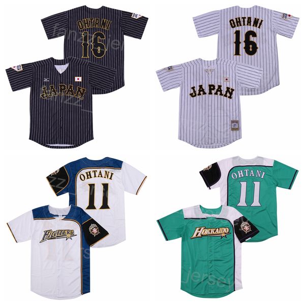 

moive japan baseball 16 shohei ohtani jersey 11 hokkaido nippon ham fighters pinstripe black white green team breathable cool base embroider
