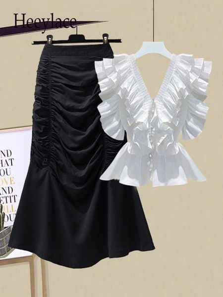 

two piece dress summer two piece sets women deep v-neck ruffles patchwork and trumper mermaid bodycon skirts sets office ladies elegant suit, White