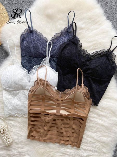 

t-shirt singreiny 2022 design backless camisole women v neck elastic waist hollow out strap ladies lace beach camisole, White