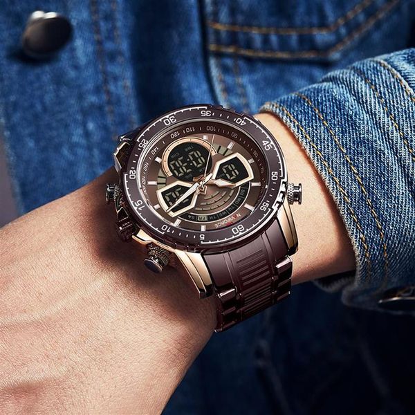 

male clock naviforce brand fashion sports chronograph men's digital watches stainless-steel quartz waterproof led watch men w235k, Slivery;brown