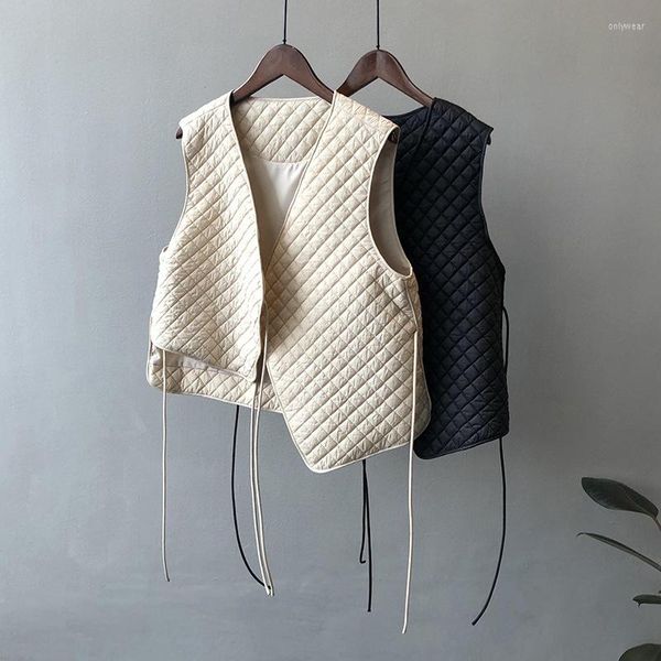 

Women' Vests MEXZT Solid Women Rhombus Lace Up Chic Waistcoat Vintage Elegant V Neck All Match Thin Jacket Korean Loose Casual Tops, Beige