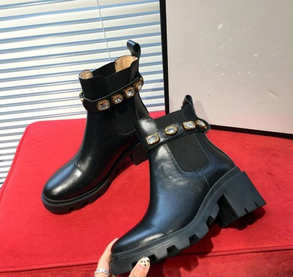 

designer women boots platform chunky heel martin boot genuine leather shoes deserts winter luxury buckle ankle shoe 3542 box6547088, Black