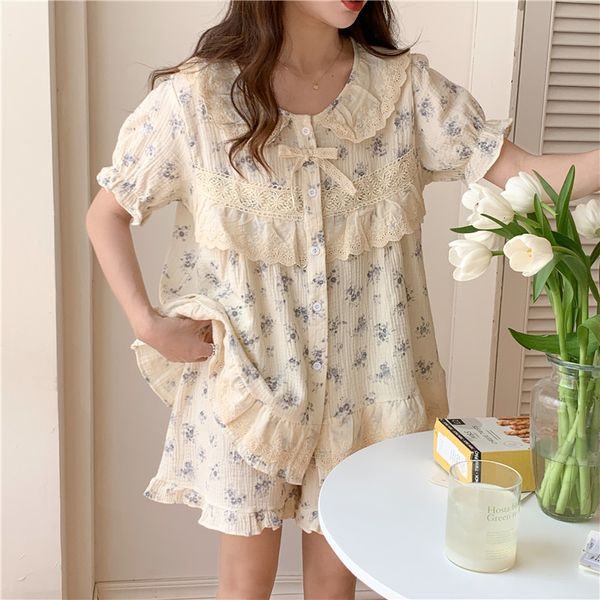 

women's sleepwear cute lace princess summer pajama set women home suit shorts sleepwear floral print 100% cotton sleepwear short sleeve, Black;red