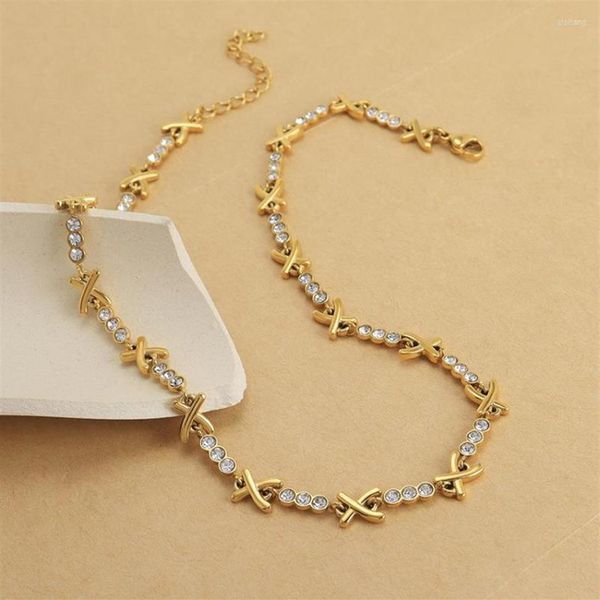 

choker round cz stone x chain necklace for women stainless steel dainty minimalist french style jewelry269v, Golden;silver
