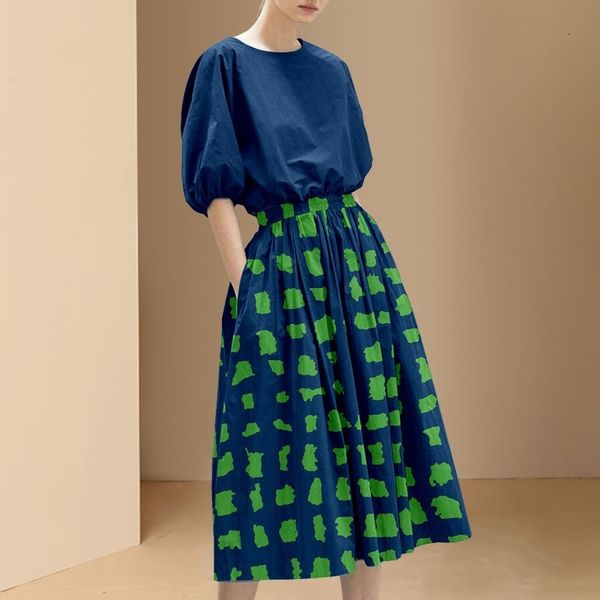 

two piece dress girls summer casual two pieces set womens o neck short sleeves printed elastic waist a line midi skirts elegant suit 230421, White