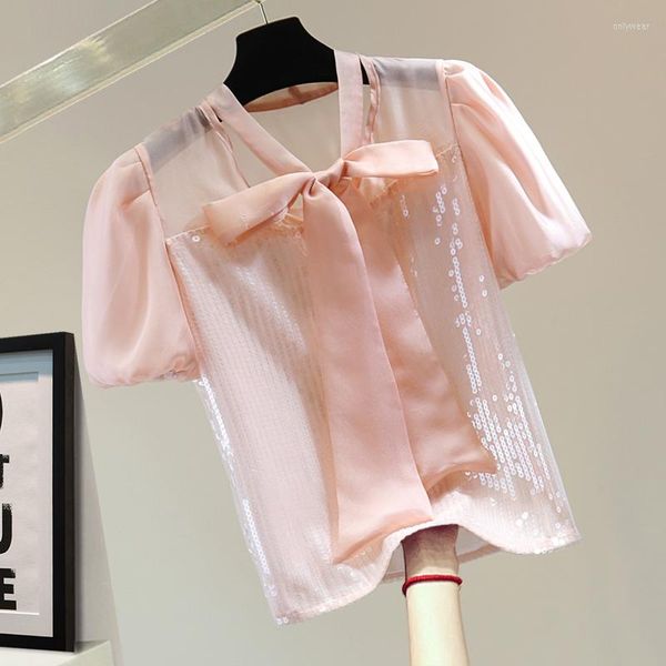 

Women' Blouses Female Short Sleeve Chiffon Shirt 2023 Summer Korean Style Loose Bow Bandage Puff Blouse Shirts, Pink