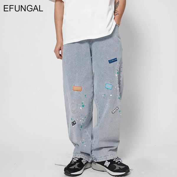 

pants harem pants jeans patch design graffiti denim streetwear men hip hop casual full length fashion pockets harajuku trousers male, Black