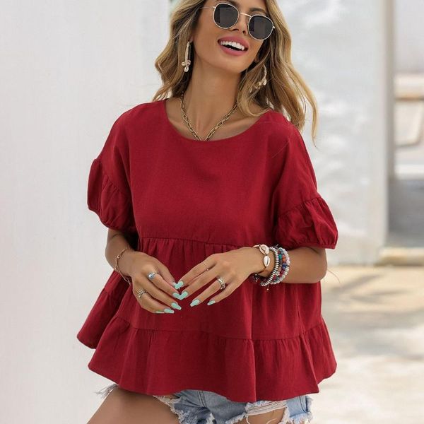 

polos blouses women casual o neck casual ruffle flying sleeve top, White