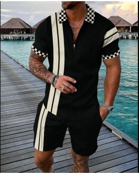 

men's tracksuits cotton zipper polo shirt short sleeve tshirt shorts fashion bodybuilding striped sports suit casual street 2 piece 230, Gray