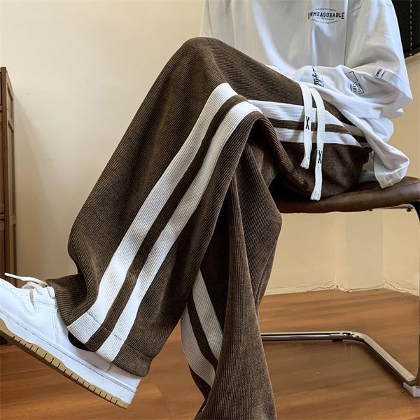 

pants loose coffee corduroy pants men women drawstring striped wide leg pants autumn casual easy care antiwrinkle mopping trousers, Black