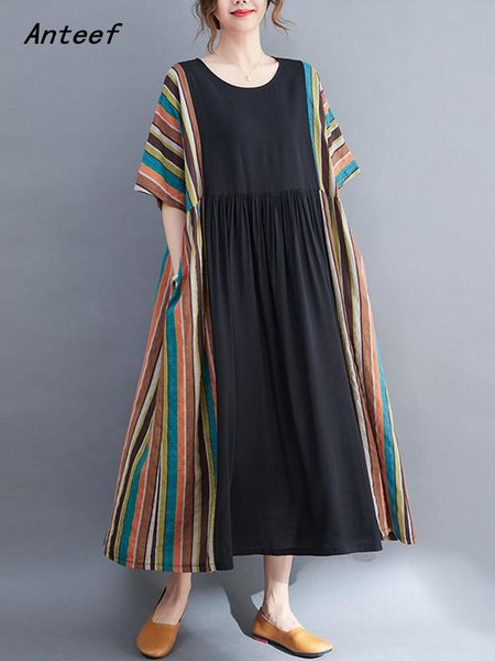 

dresses anteef short sleeve oversize cotton vintage stripe dresses for women casual loose long summer dress elegant clothing 2022, Black;gray