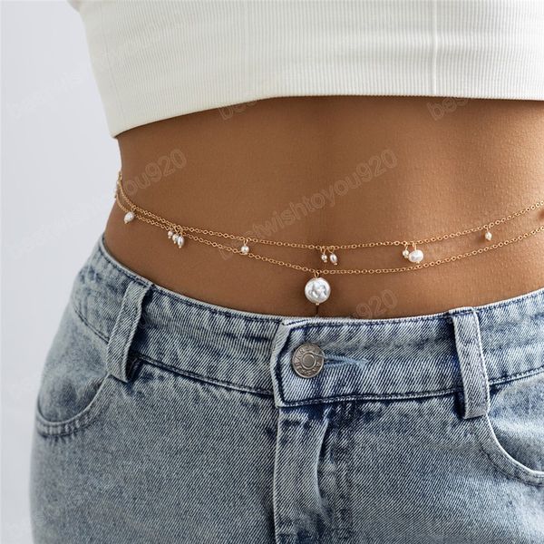 

bohemian pearl chain waist belly belt for women summer bikinis body jewelry rave festival y2k accessories, Silver