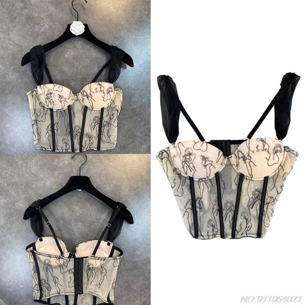 

t-shirt women spaghetti strap mesh corset crop french style vintage embroidery bustier camisole vneck boned tank wholesale, White