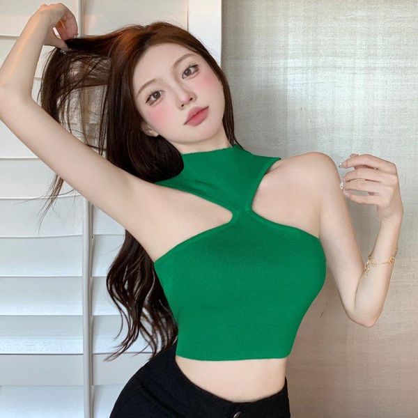 

tanks jmprs halter neck sleeveless knitted camis women summer 2022 fashion green tank female y2k club party crop top, Black;white