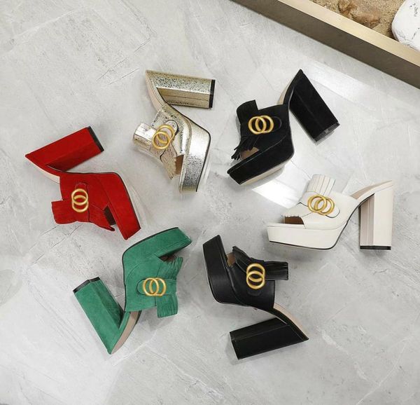 

classic designer women half slippers cowhide 100 leather suede thick heels metal slides woman shoe beach lazy sandals high heeled8507122, Black