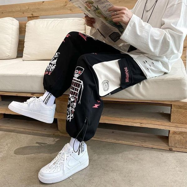 

pants pants men spring high waist wide leg overalls harajuku graffiti printed couple loosefooted loose handsome casual male trousers, Black
