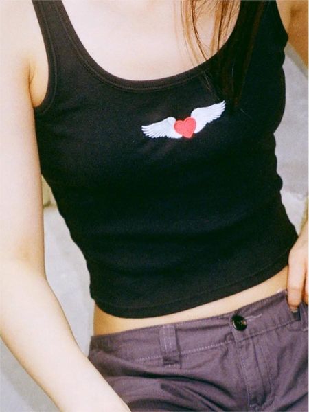 

tanks vintage black heart embroidery tank women summer sleeveless soft cotton short tshirts female casual ribbed slim crop top, Black;white