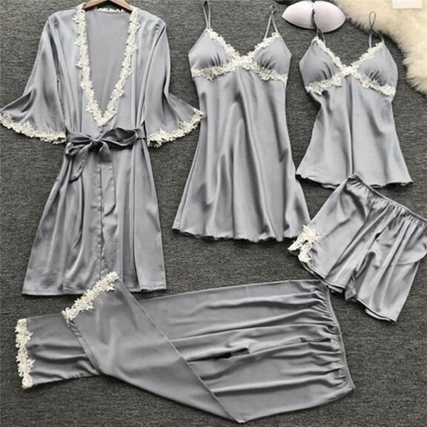

women's sleepwear women satin sleepwear thin 5 pieces pyjamas lace pajamas sleep lounge pijama silk night home clothing pajama suit 230, Black;red