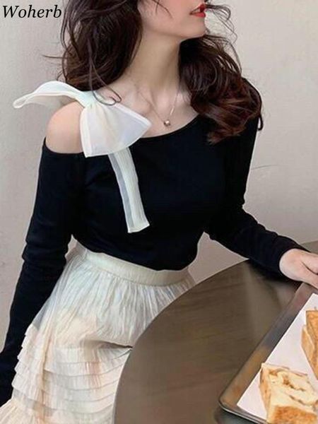 

t-shirt long sleeve woman tshirts off shoulder tees 2022 shirts for women chic bow tunic t shirt korean fashion y2k tshirt, White