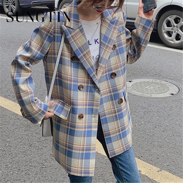 

pants sungtin office lady plaid oversized blazer women coat 2022 elegant single breasted vintage femme loose blazer jackets ol korean, White