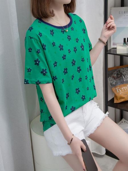 

t-shirt summer short sleeve tshirt women 2022 casual loose floral vintage basic tshirt oversize round neck cotton 100kg female, White