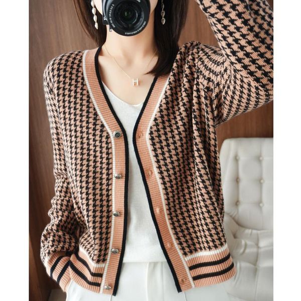 

sweaters autumn and winter new houndstooth knitted cardigan women's vneck longsleeved contrast color sweater fashion comfortable top, White;black